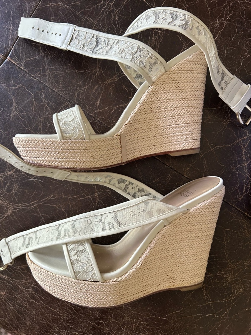 Stuart Weitzman Cream Lace Espadrille Wedge Sandals - Picture 8 of 12